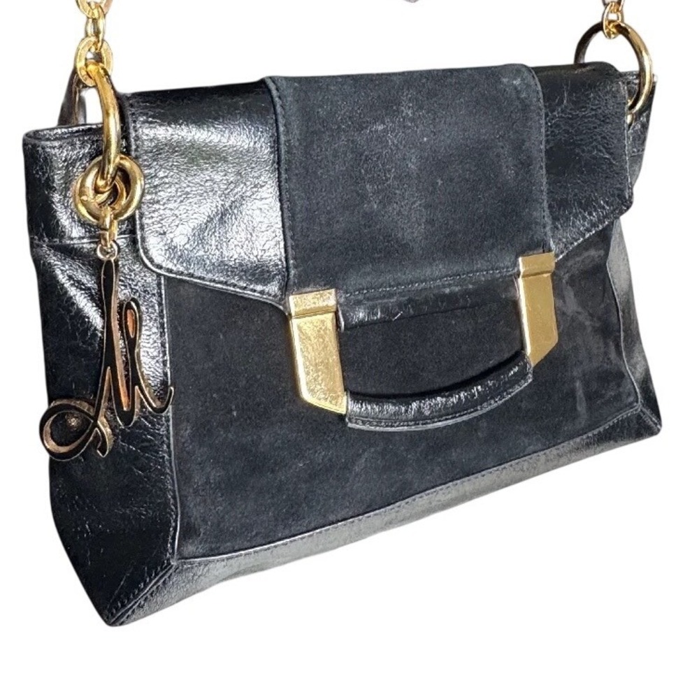 Milly Black Leather and Suede Shoulder Bag Gold Hardware Logo Charm - Picture 5 of 10